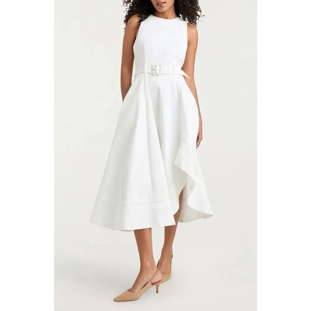 Cinq à Sept Women's White Zelda Sleeveless Asymmetric Midi Dress Size 14 NWOT